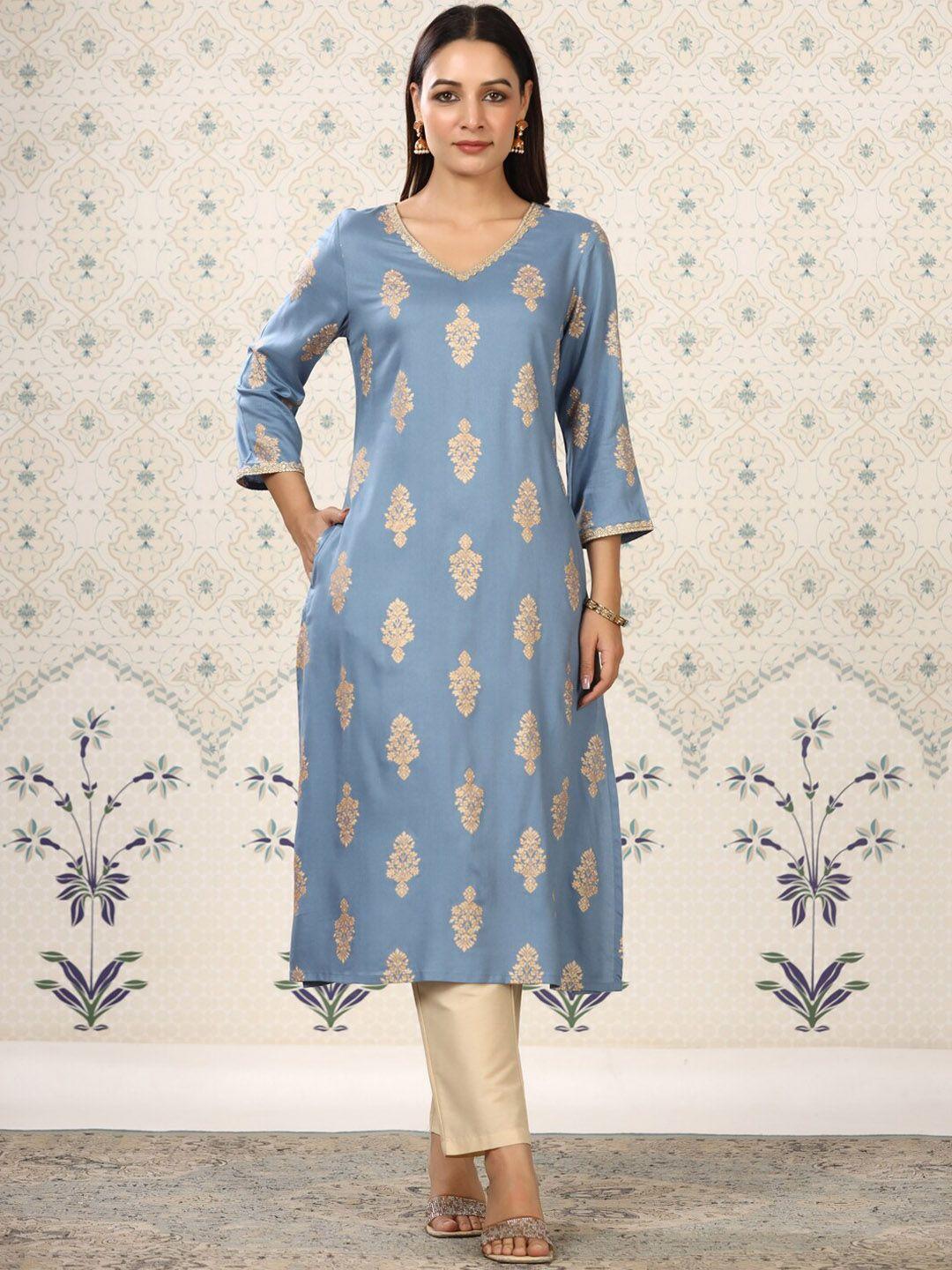 ode by house of pataudi ethnic motifs printed v-neck straight kurta