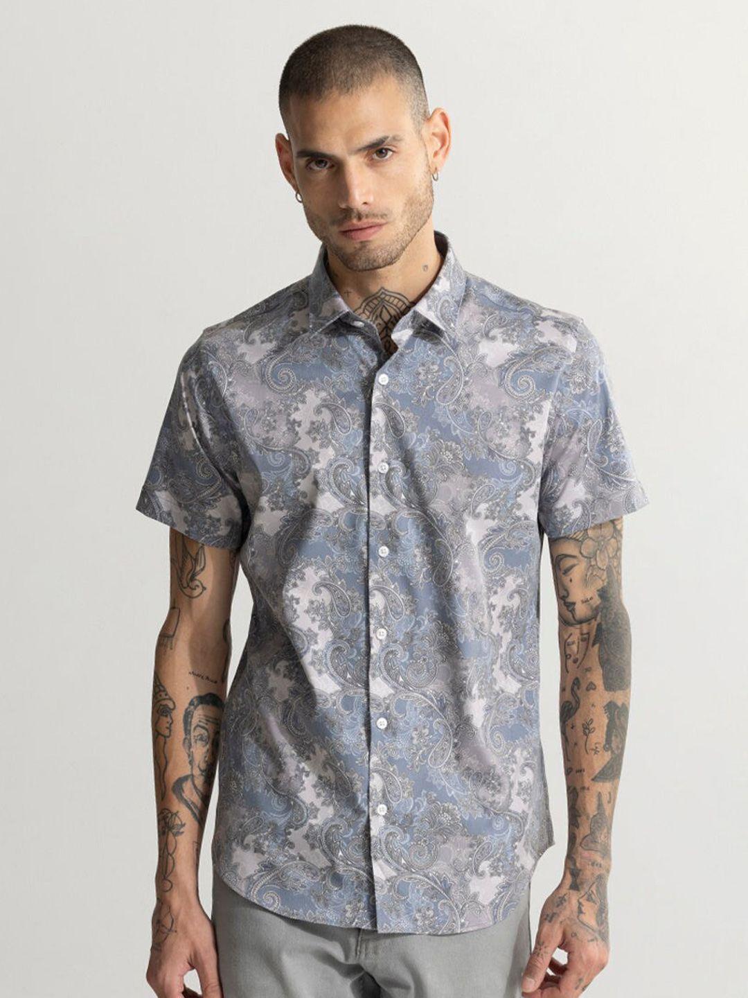 snitch blue classic slim fit ethnic motifs printed casual shirt