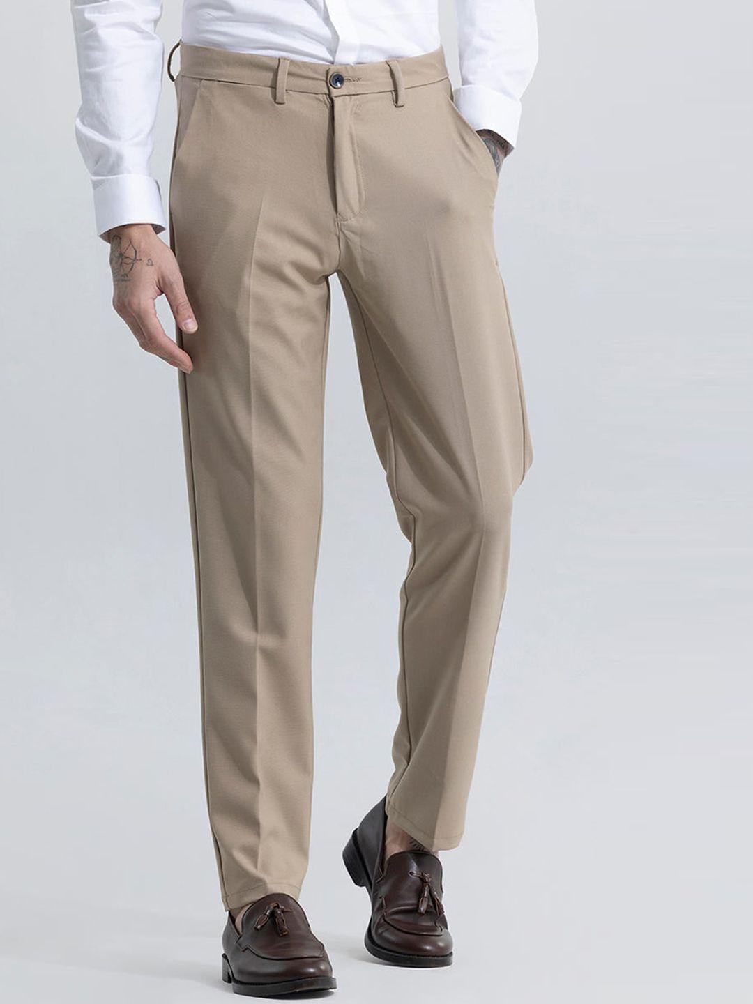 snitch men beige slim fit formal trousers