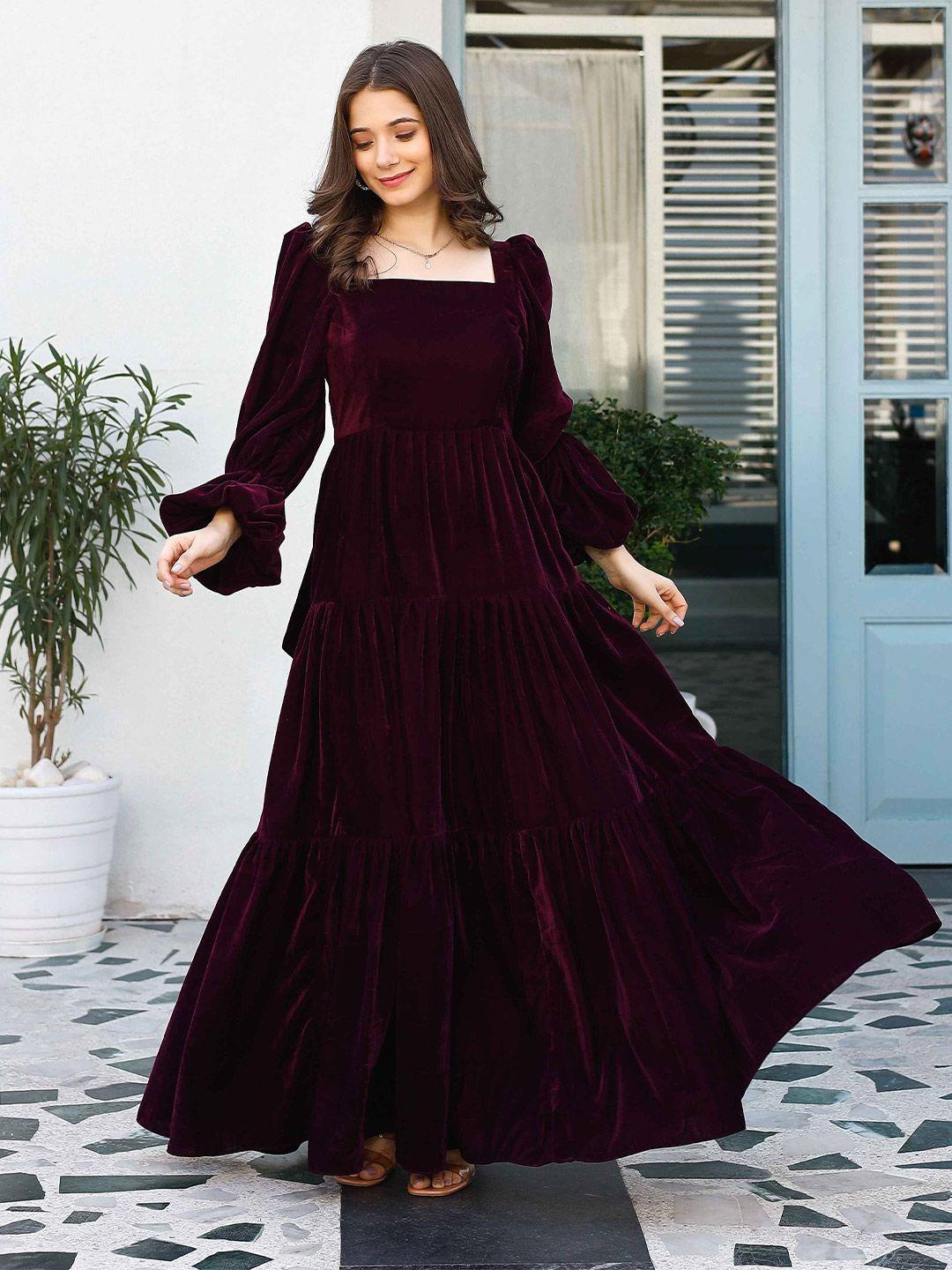 lirose burgundy puff sleeve pure wool velvet fit & flare maxi dress