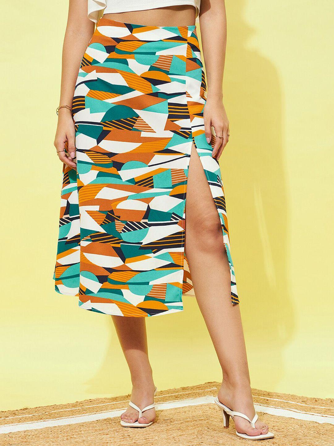 berrylush abstract printed side slit a-line midi skirt