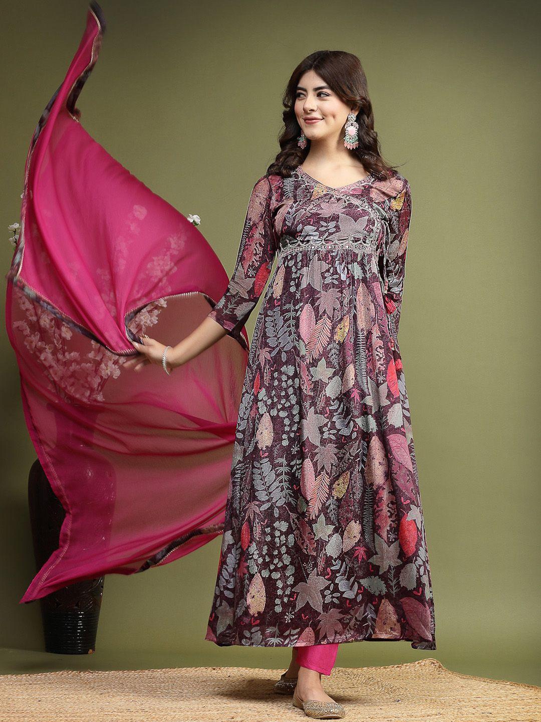 sangria floral printed mirror work anarkali kurta with trouser & dupatta set