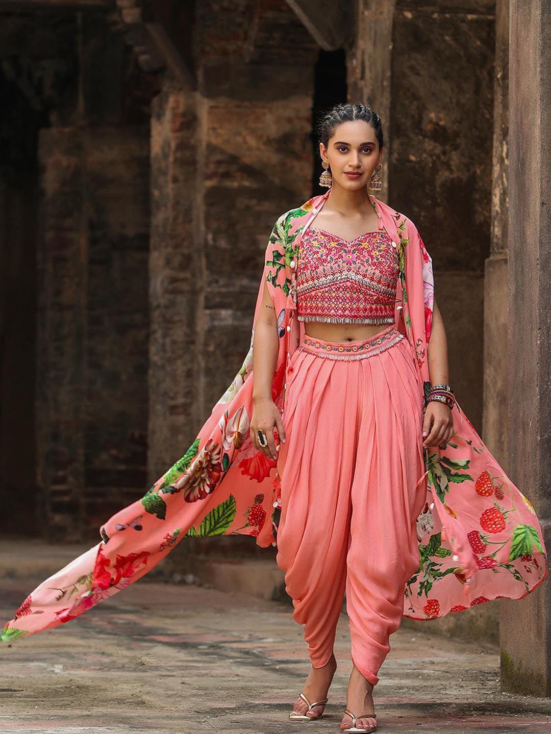 scakhi embroidered top & dhoti pants co-ords with shrug