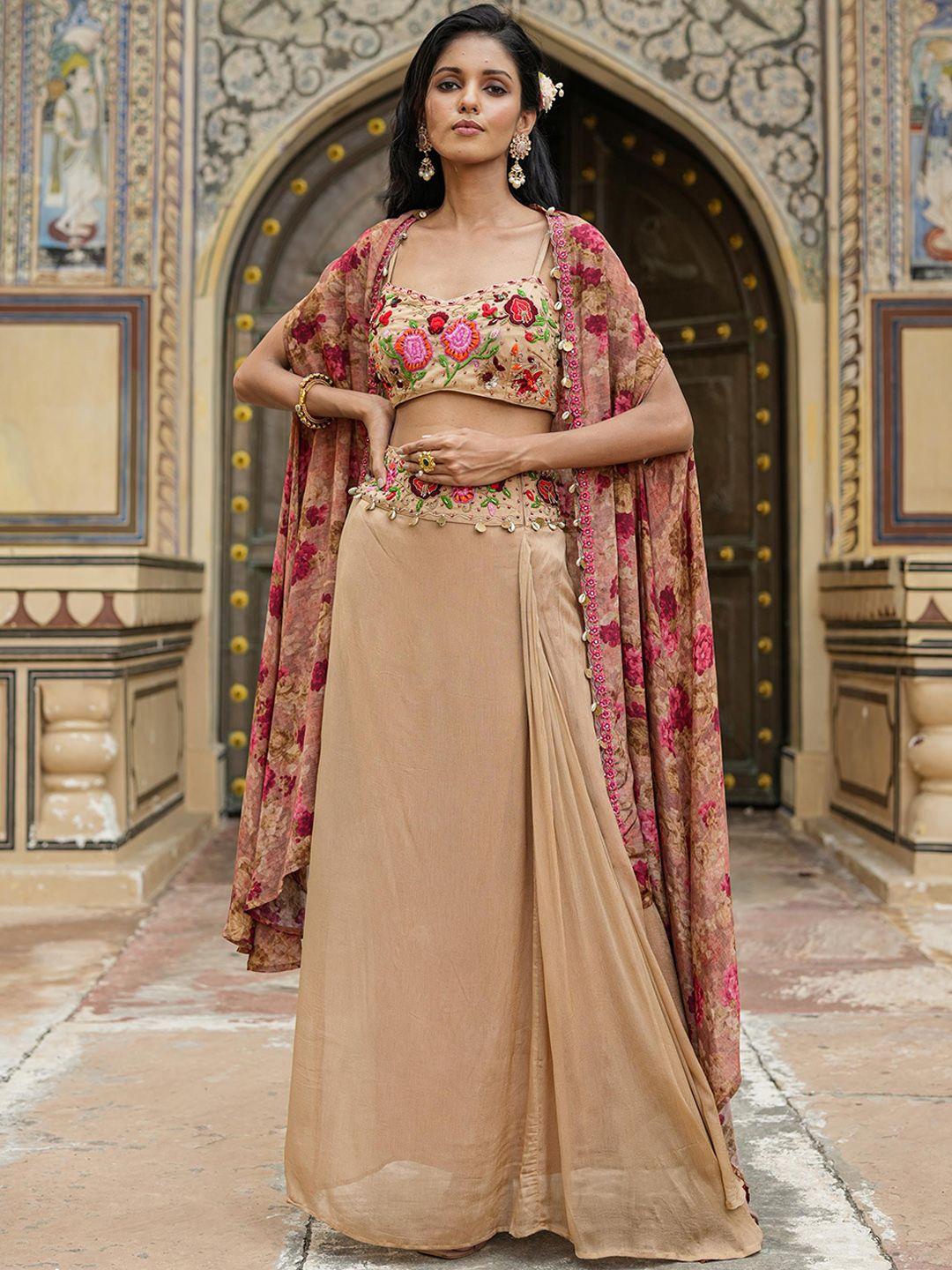 scakhi embroidered pure silk crop top with skirt & shrug