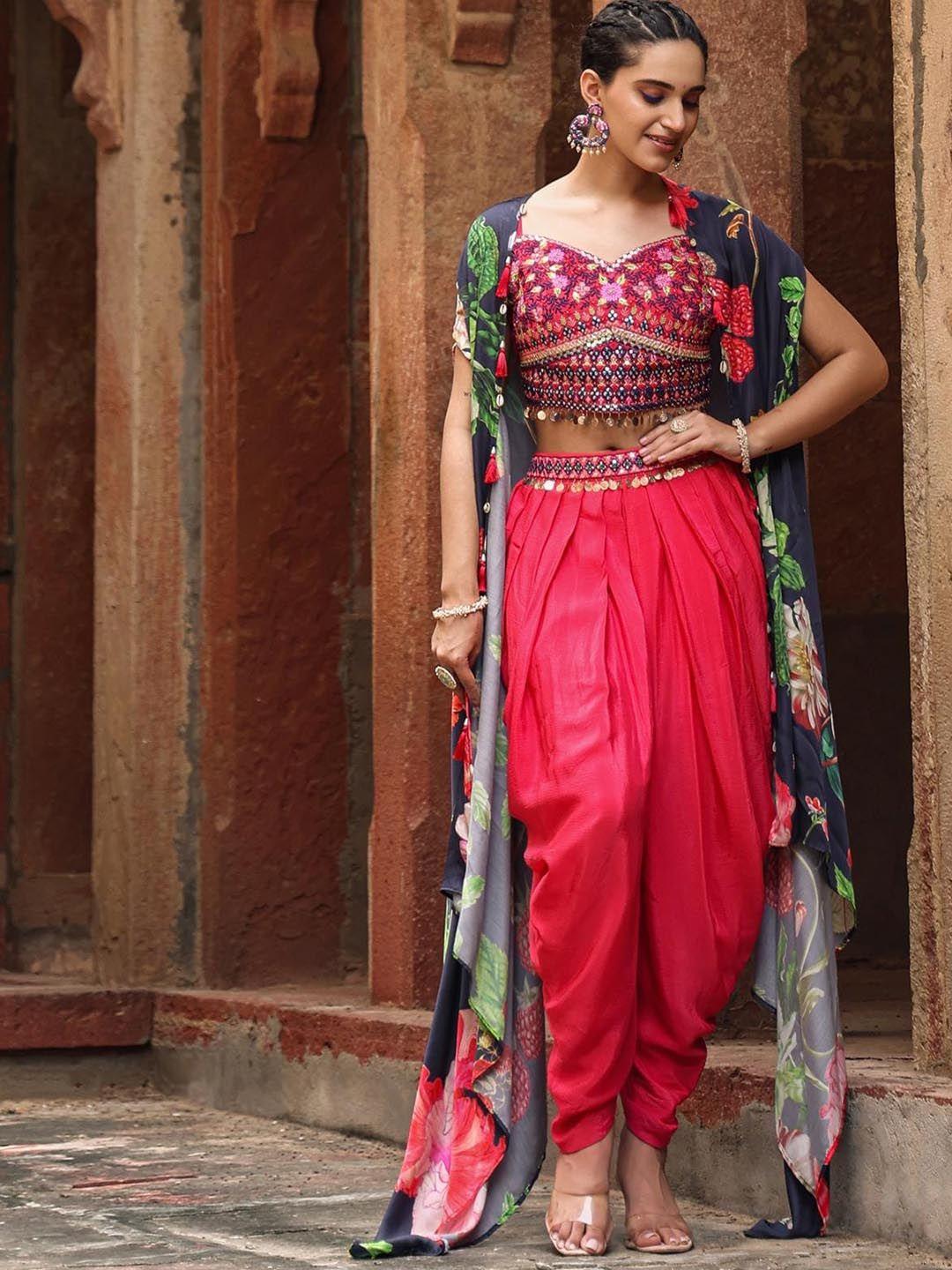 scakhi embroidered top & dhoti pants co-ords with shrug