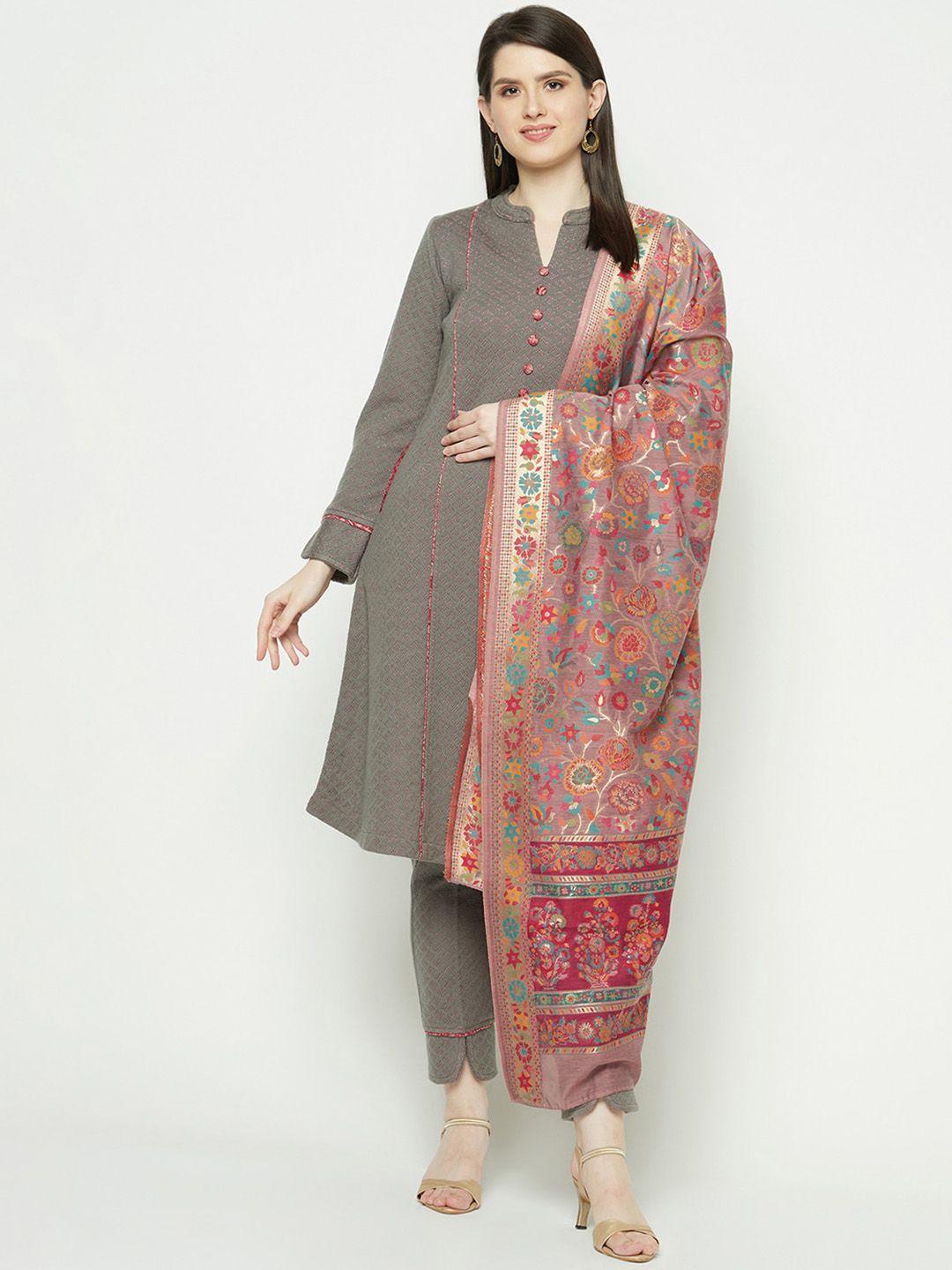 knitstudio floral self design mandarin collar jacquard weave kurta with trousers & dupatta