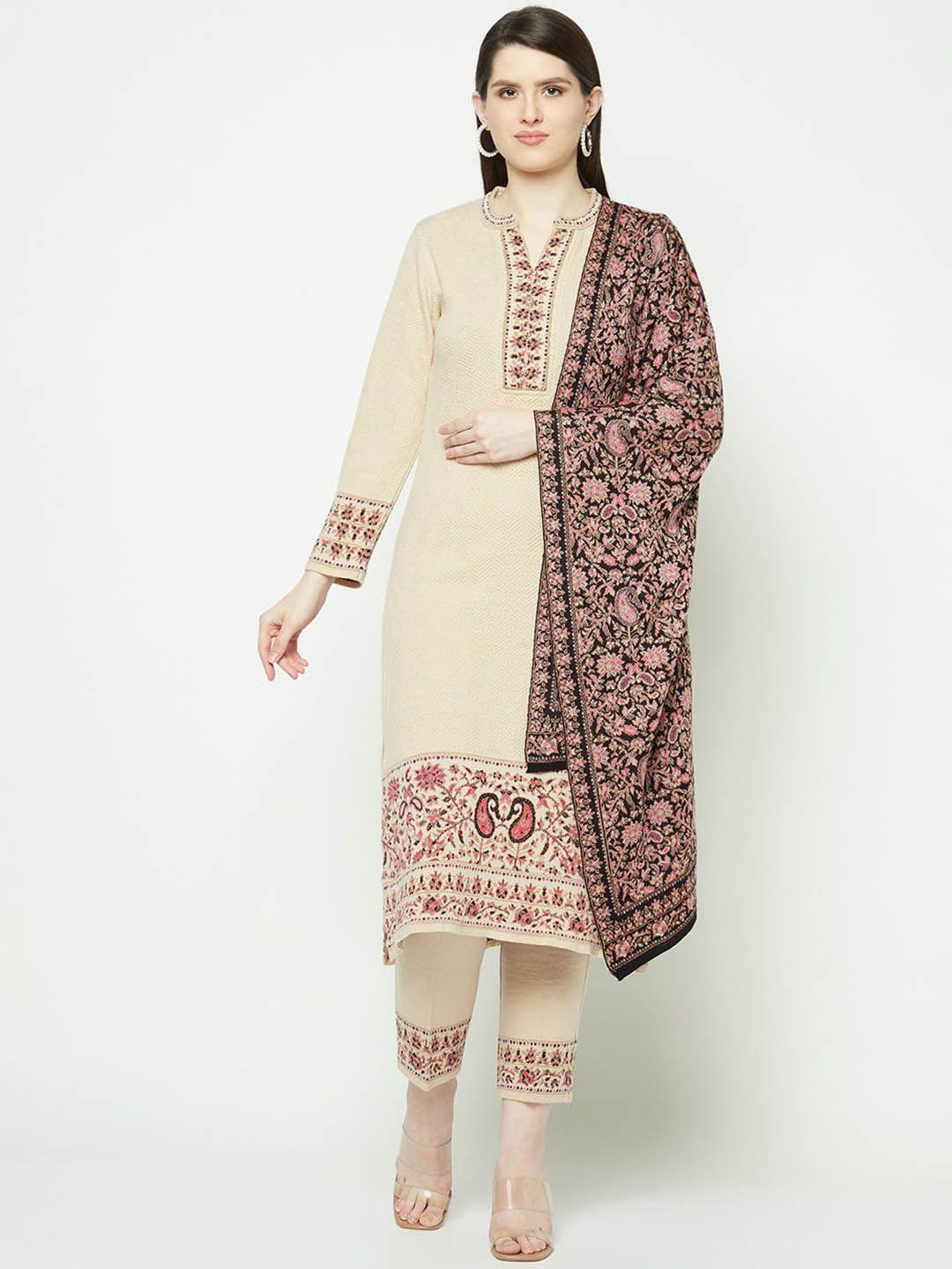 knitstudio women beige paisley regular kurti with trousers & with dupatta