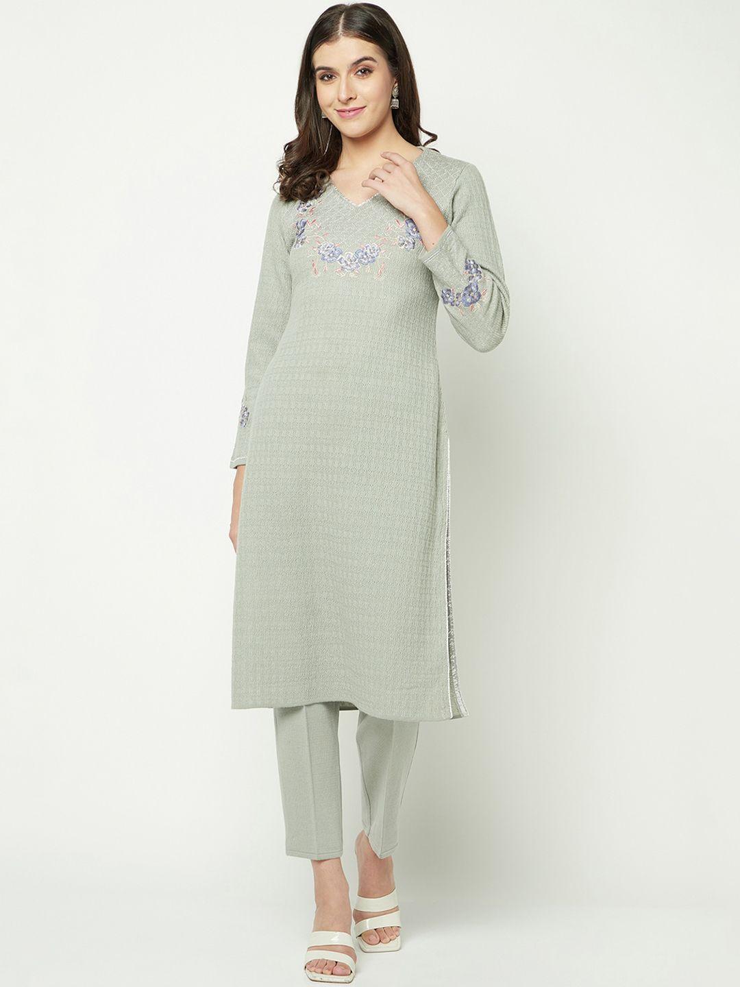 knitstudio floral yoke design thread work jacquard weave kurta with trousers