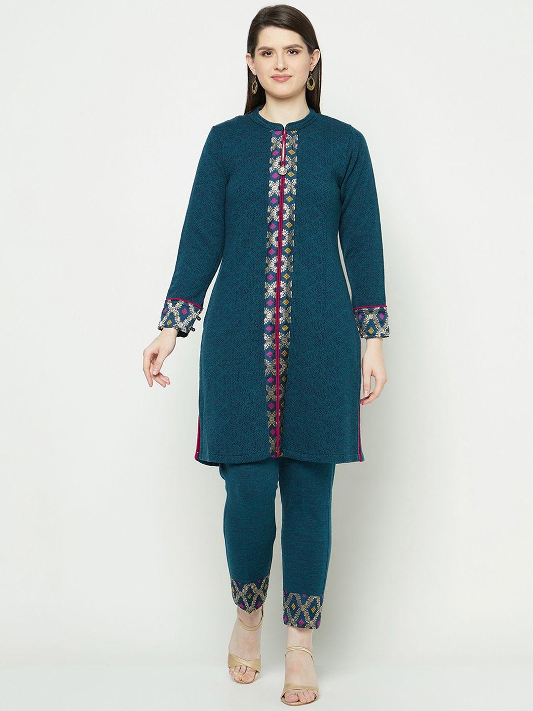 knitstudio ethnic motifs printed mandarin collar jacquard straight kurta with trouser