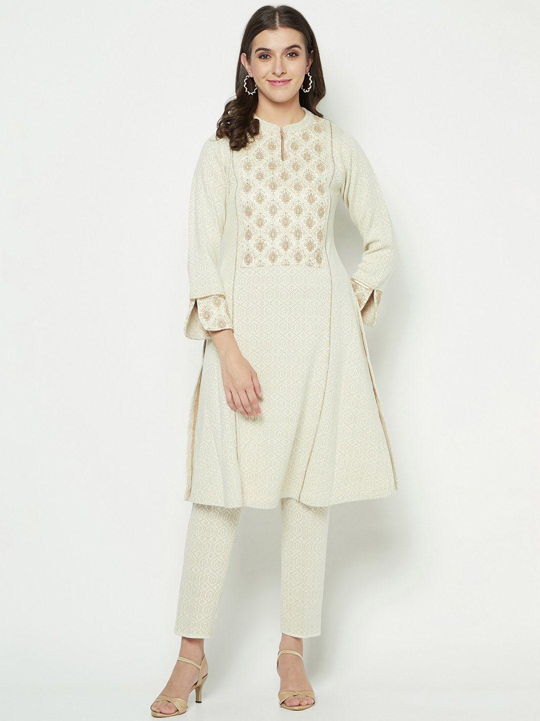 knitstudio self design mandarin collar thread work jacquard weave kurta with trousers