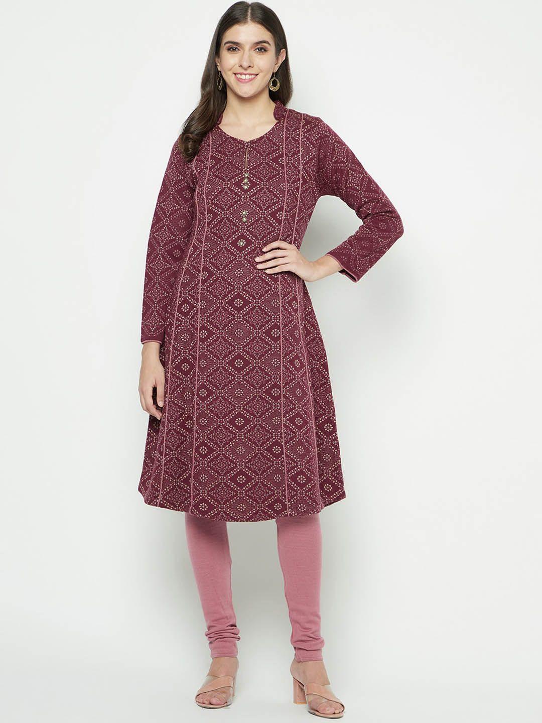 knitstudio ethnic motif knitted mandarin collar a-line kurta with leggings