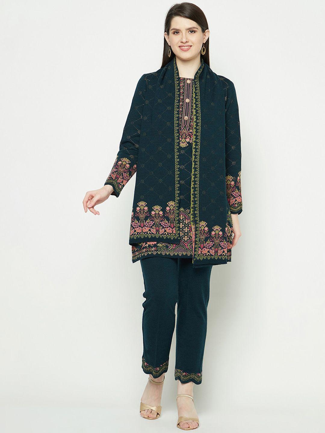 knitstudio women teal paisley regular kurti with trousers & with dupatta