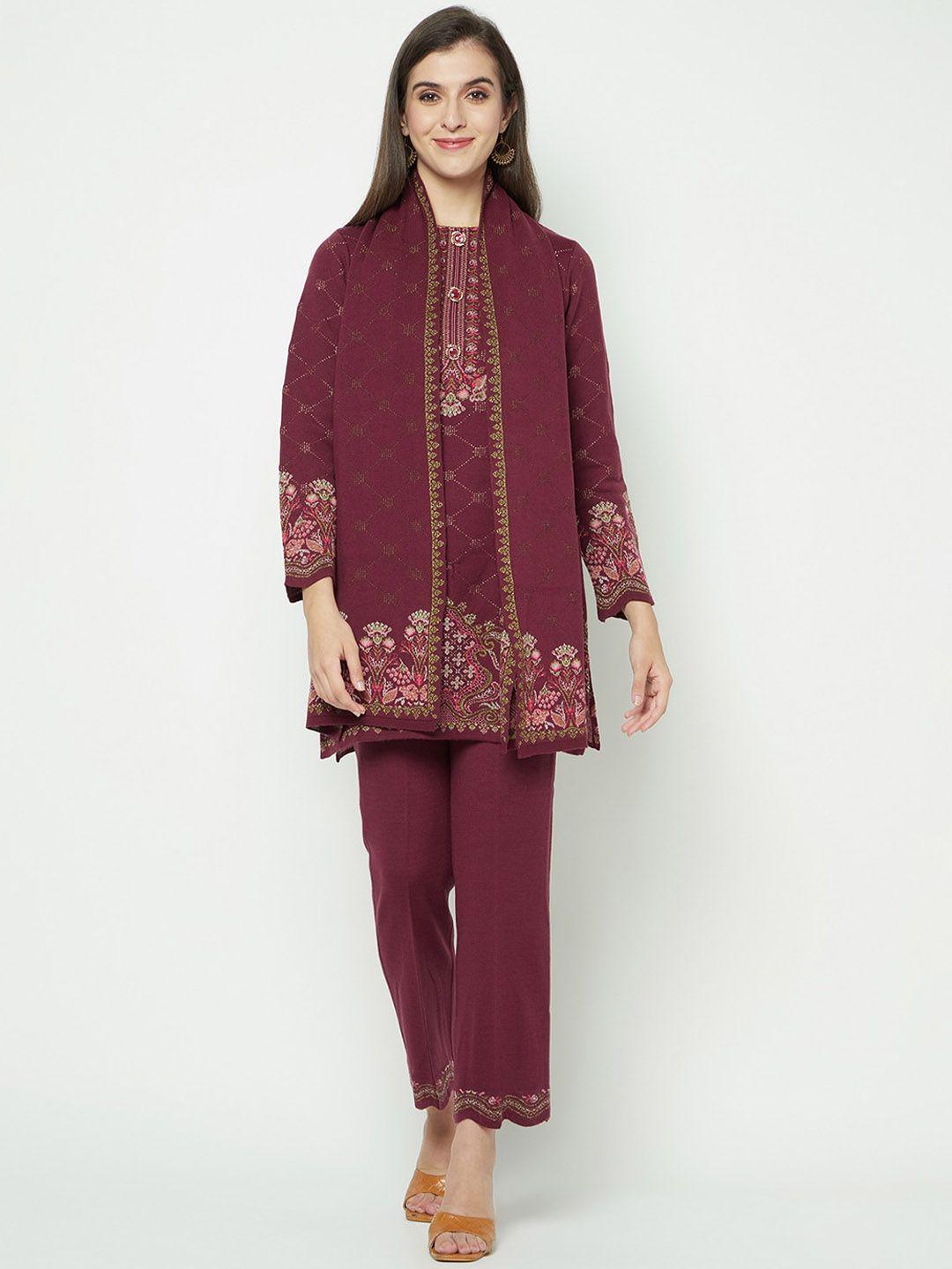 knitstudio women purple paisley regular kurti with trousers & with dupatta