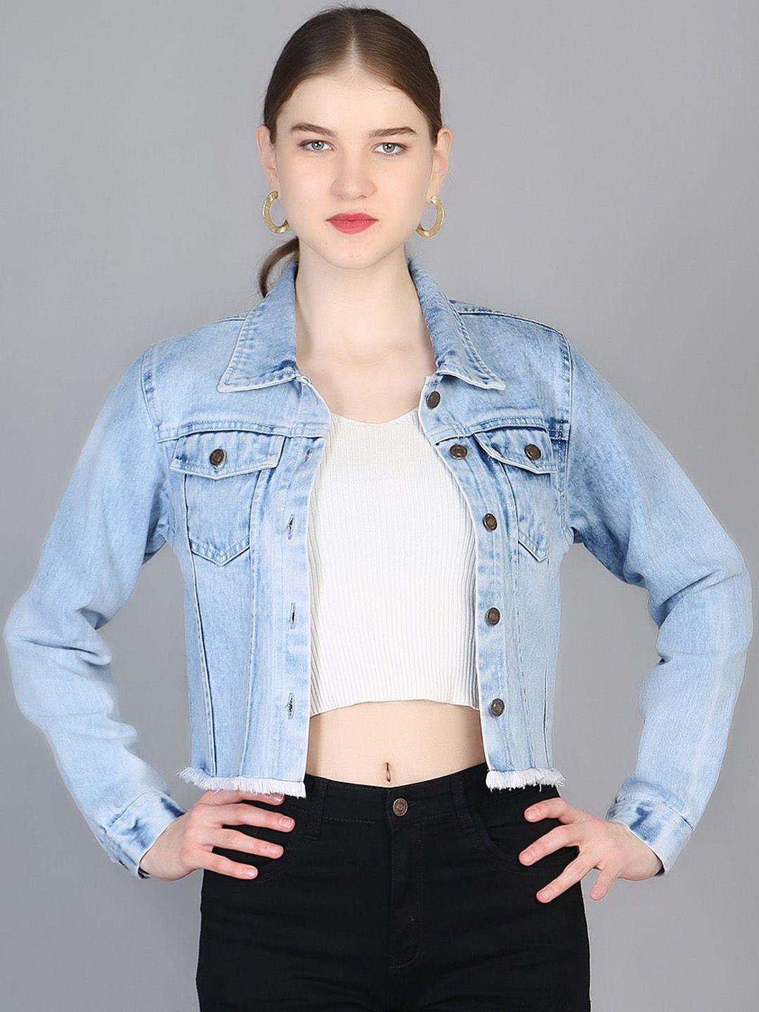 chemistry fringed hem cotton denim crop jacket