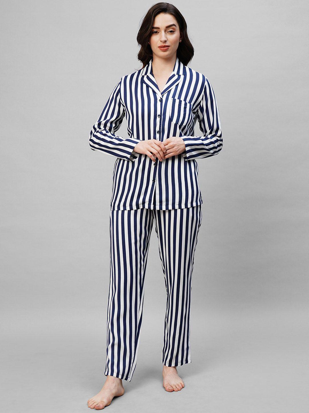 drape in vogue blue striped pure cotton night suit