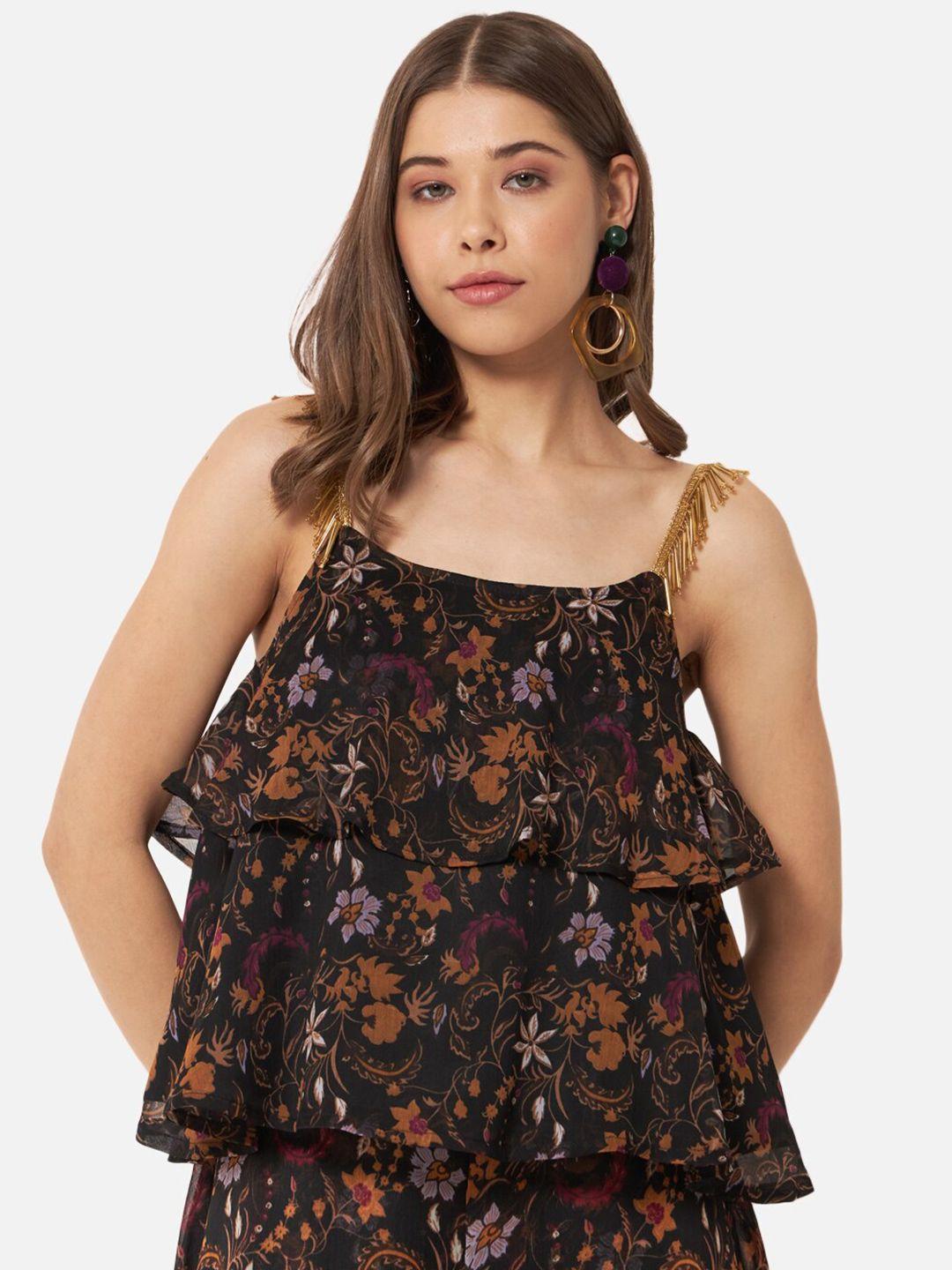 baesd black floral print georgette tiered top