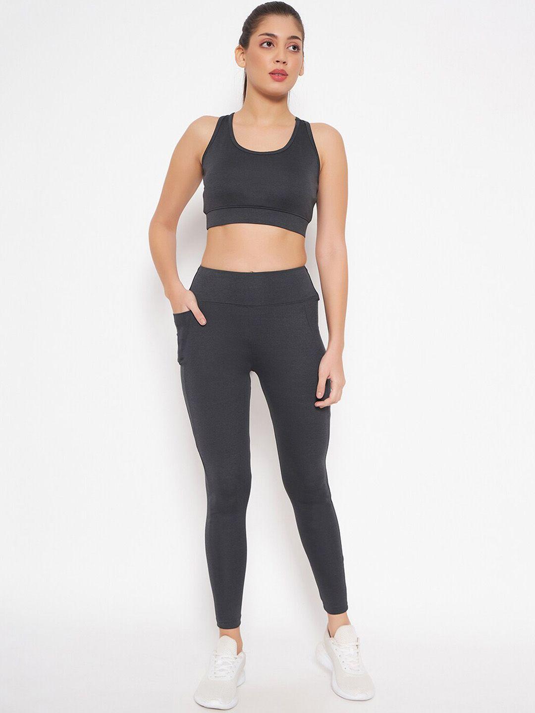 clovia grey padded sports bra & high rise active tights rapid-dry sports tracksuit