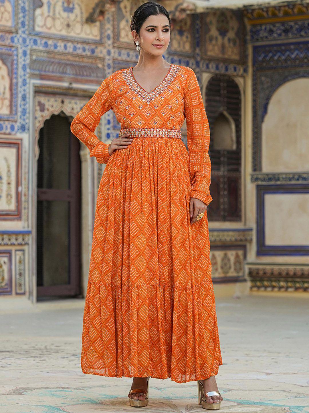 scakhi bandhani printed gathered detailed chinon silk maxi ethnic dress with belt