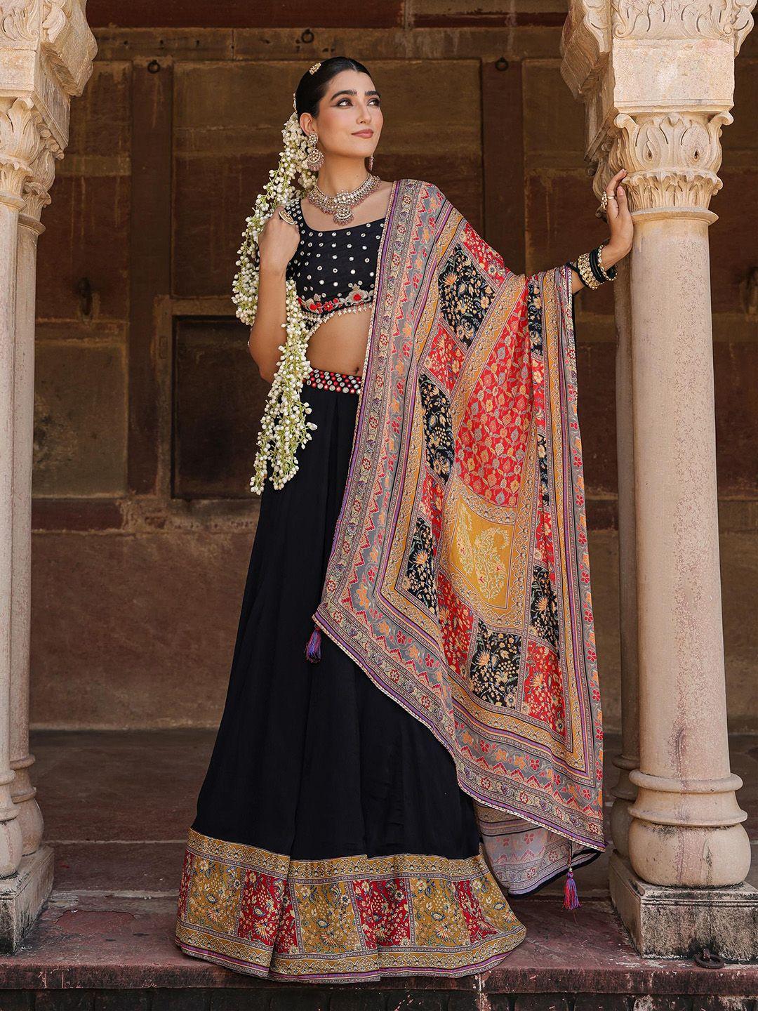 scakhi embellished mirror work kalamkari ready to wear lehenga & blouse with dupatta