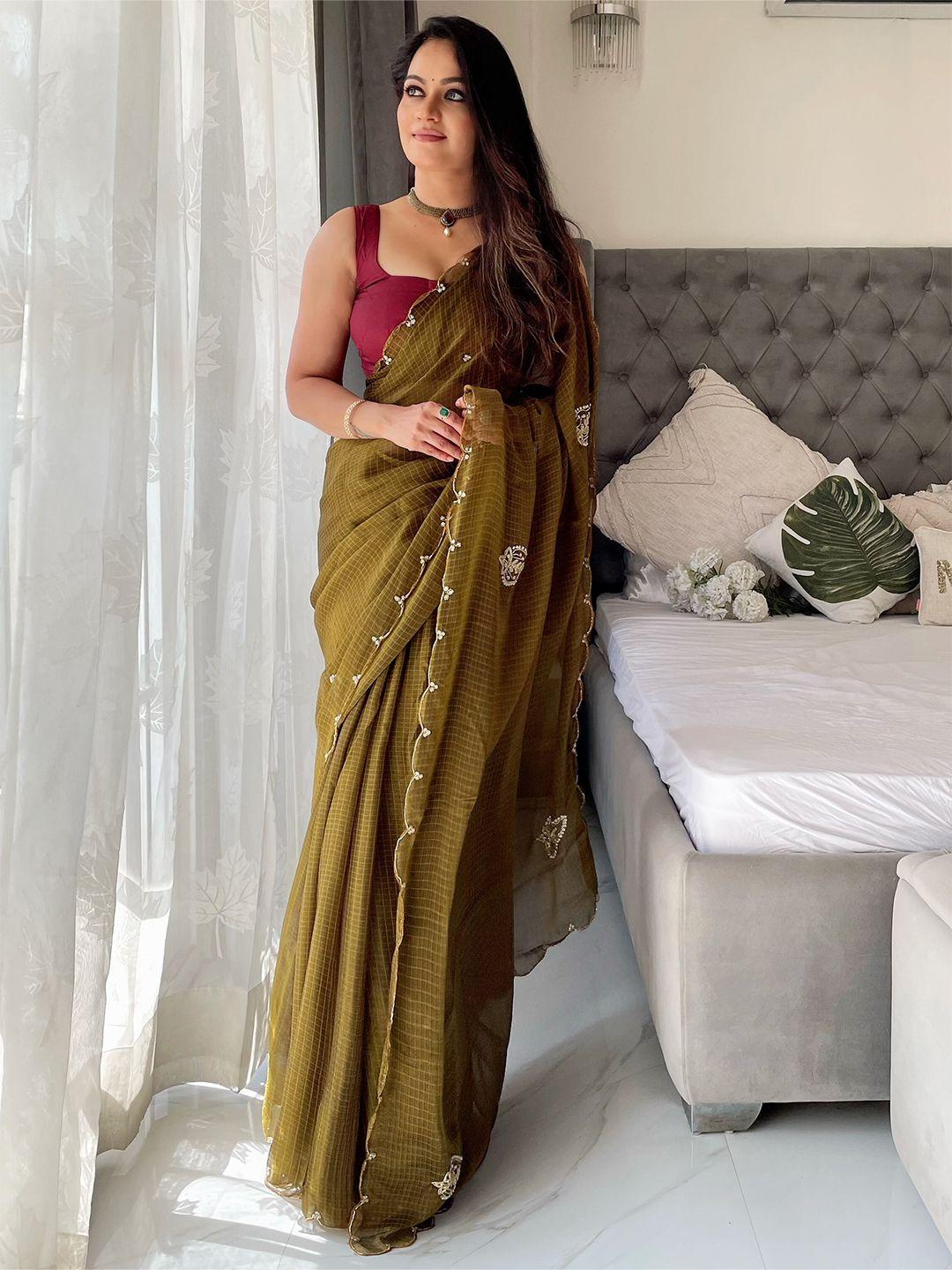 anouk khaki floral embroidered organza saree