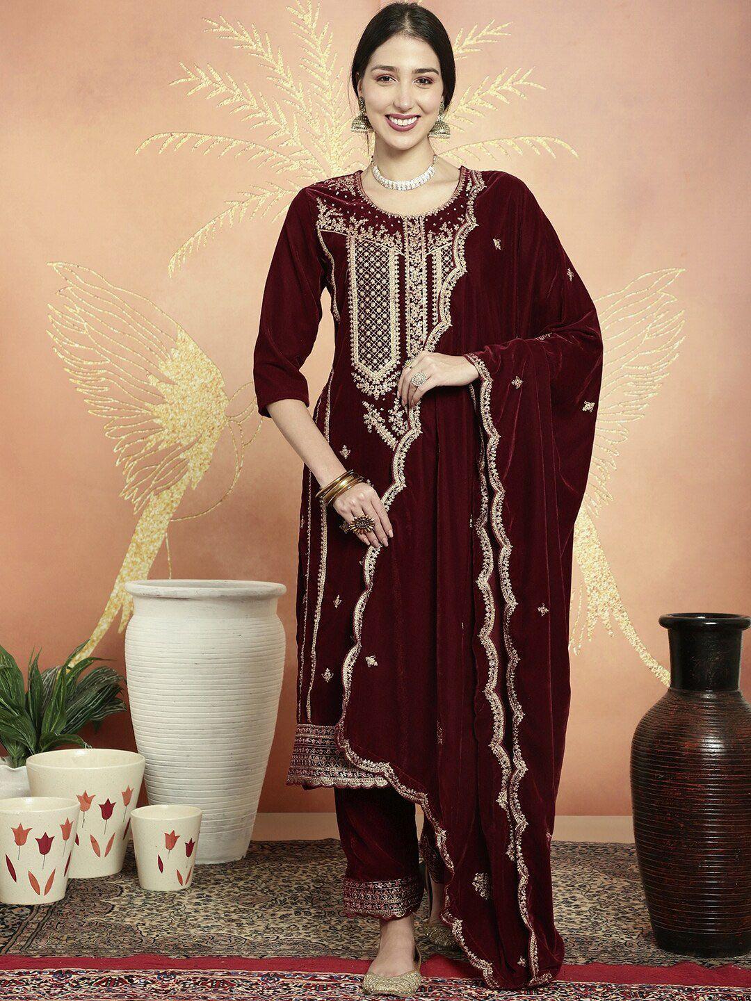 stylee lifestyle floral embroidered velvet unstitched dress material