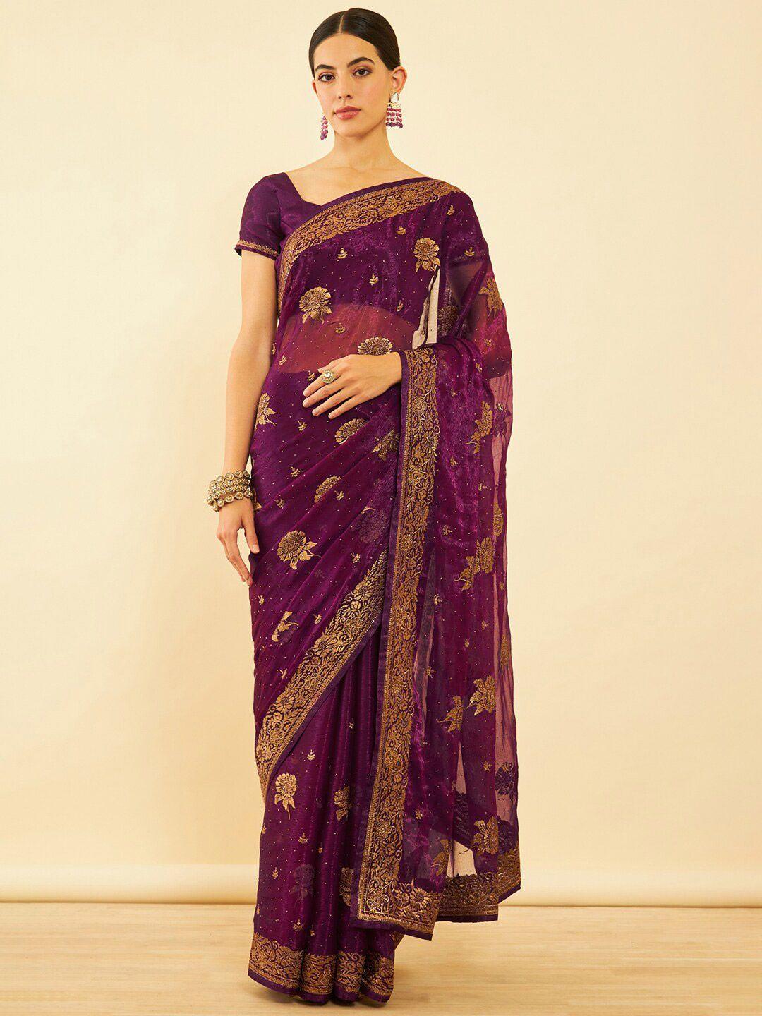 soch floral printed zari pure chiffon saree