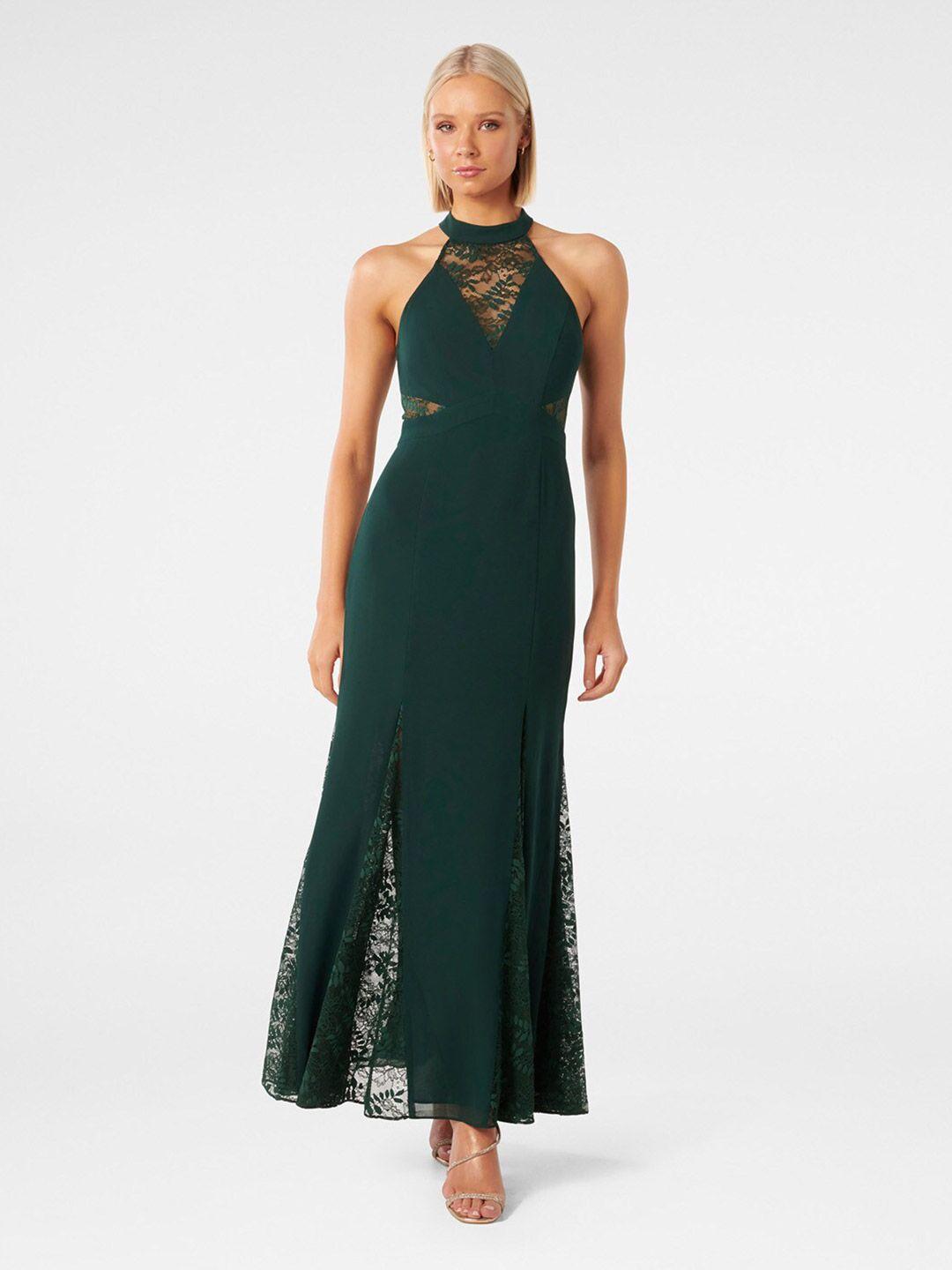 forever new green halter neck lace formal fit & flare maxi dress