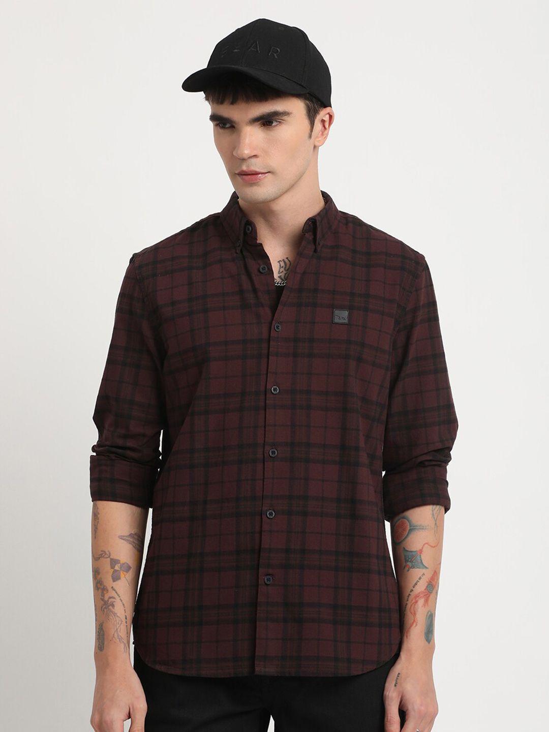 the bear house tartan checks slim fit pure cotton casual shirt