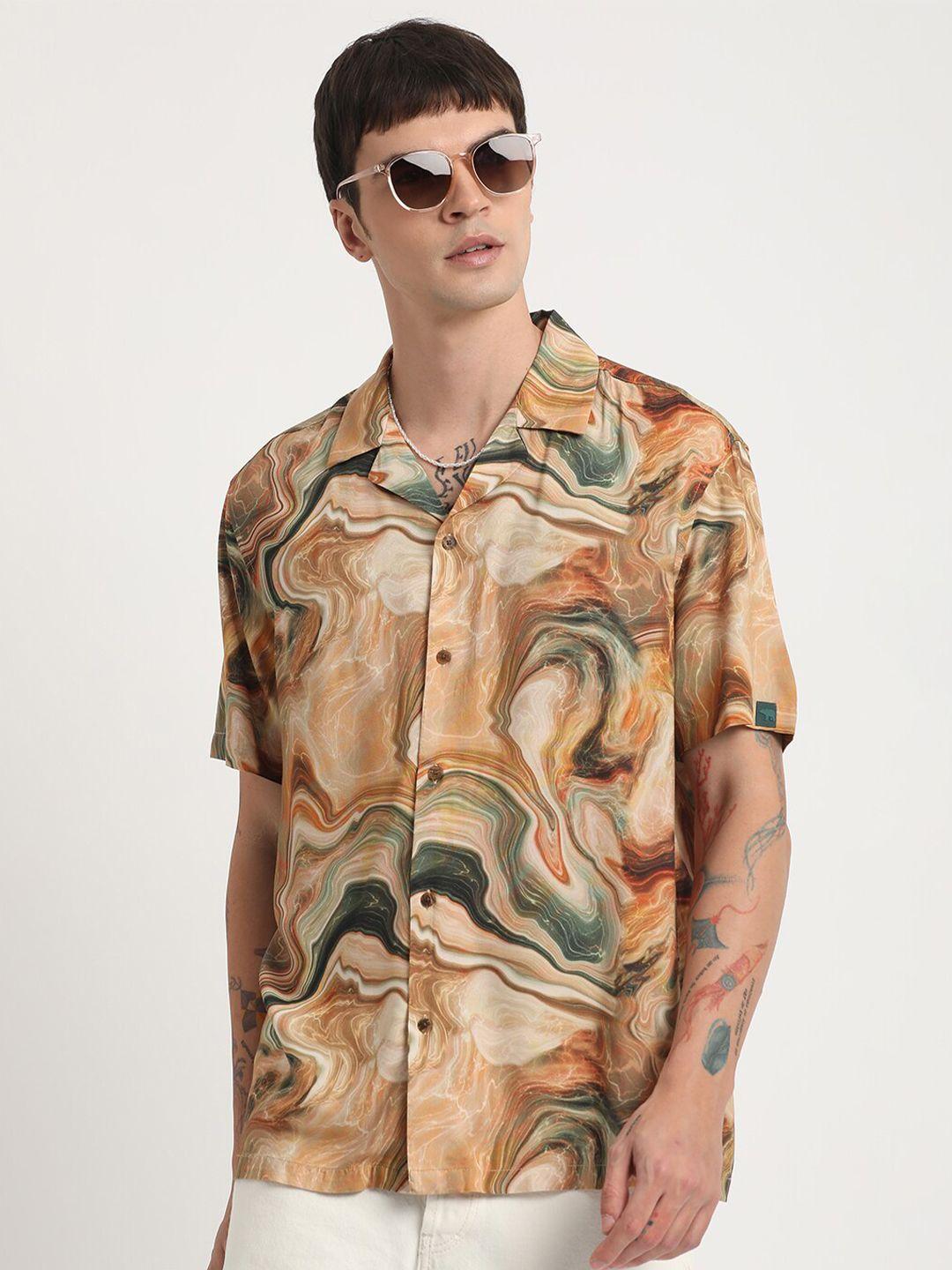 the bear house abstract printed cuban collar casual shirt