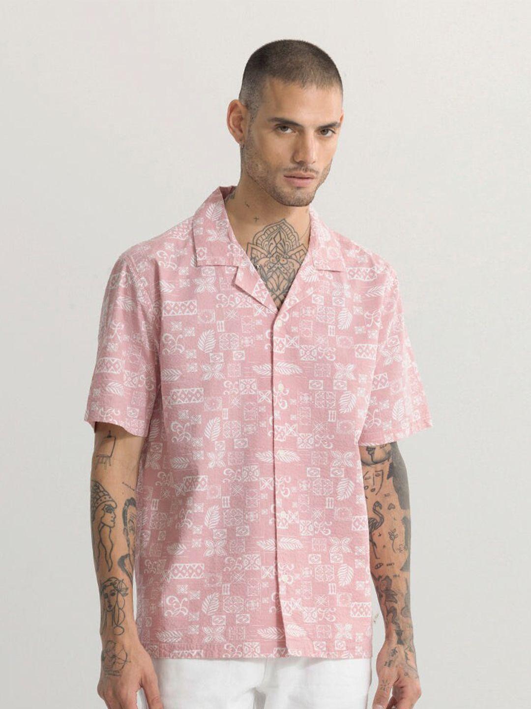 snitch men pink classic ethnic printed cotton casual shirt