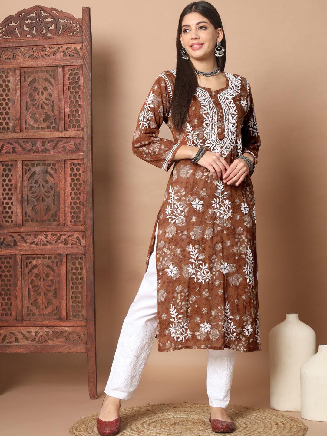 ethnava floral lucknowi chikankari embroidered mulmul cotton straight kurta