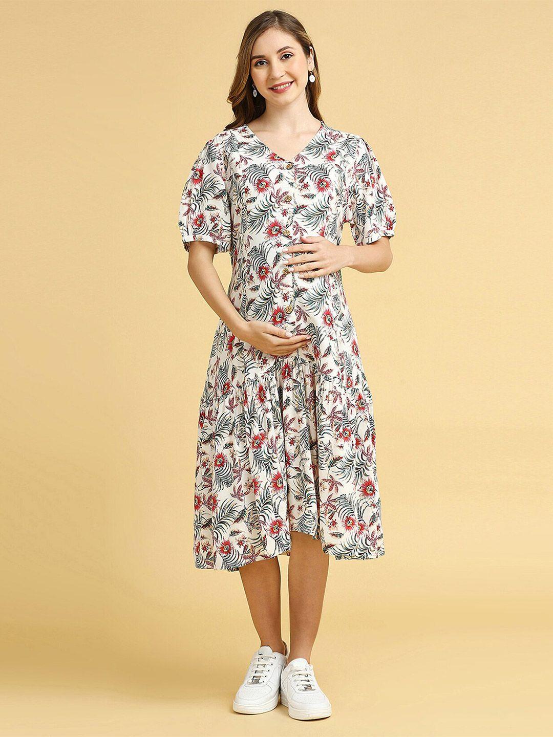 momtobe floral printed v-neck maternity a-line midi dress