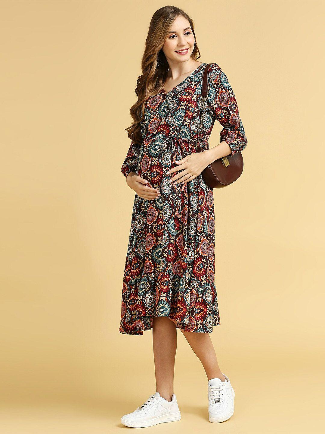 momtobe floral printed v-neck puff sleeves wrap midi maternity dress