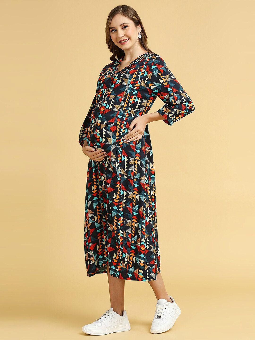 momtobe geometric printed lapel collar tie-ups shirt midi maternity dress