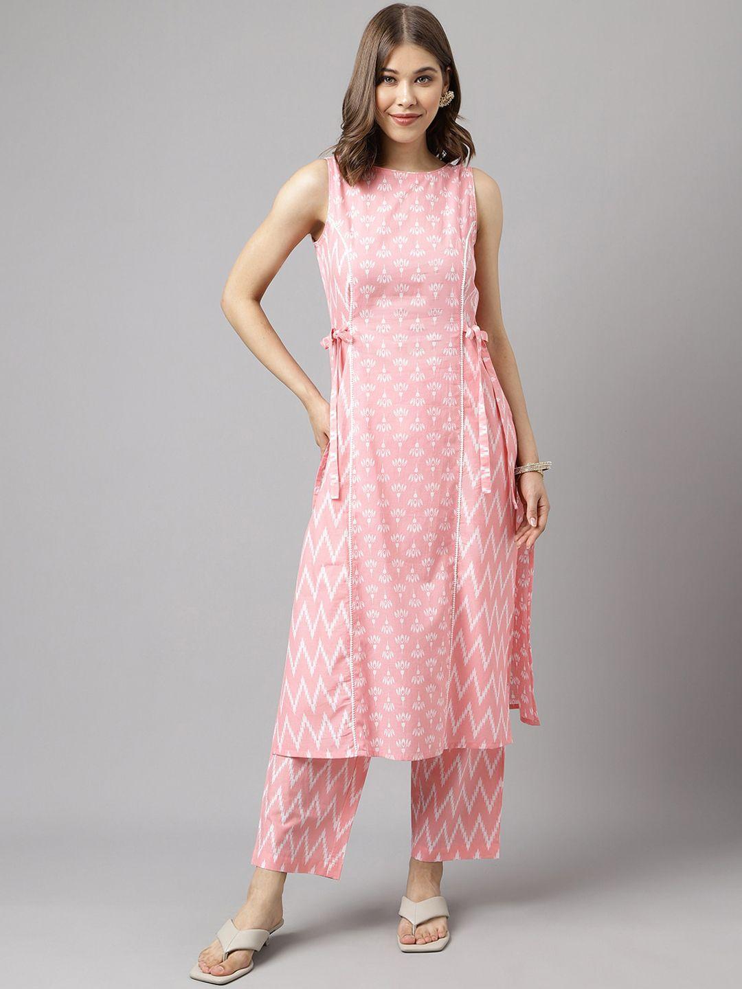 fiorra women pink printed regular pure cotton kurta with trousers