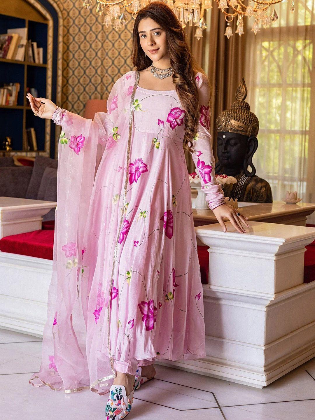 twika women pink printed regular kurta with trousers & with dupatta