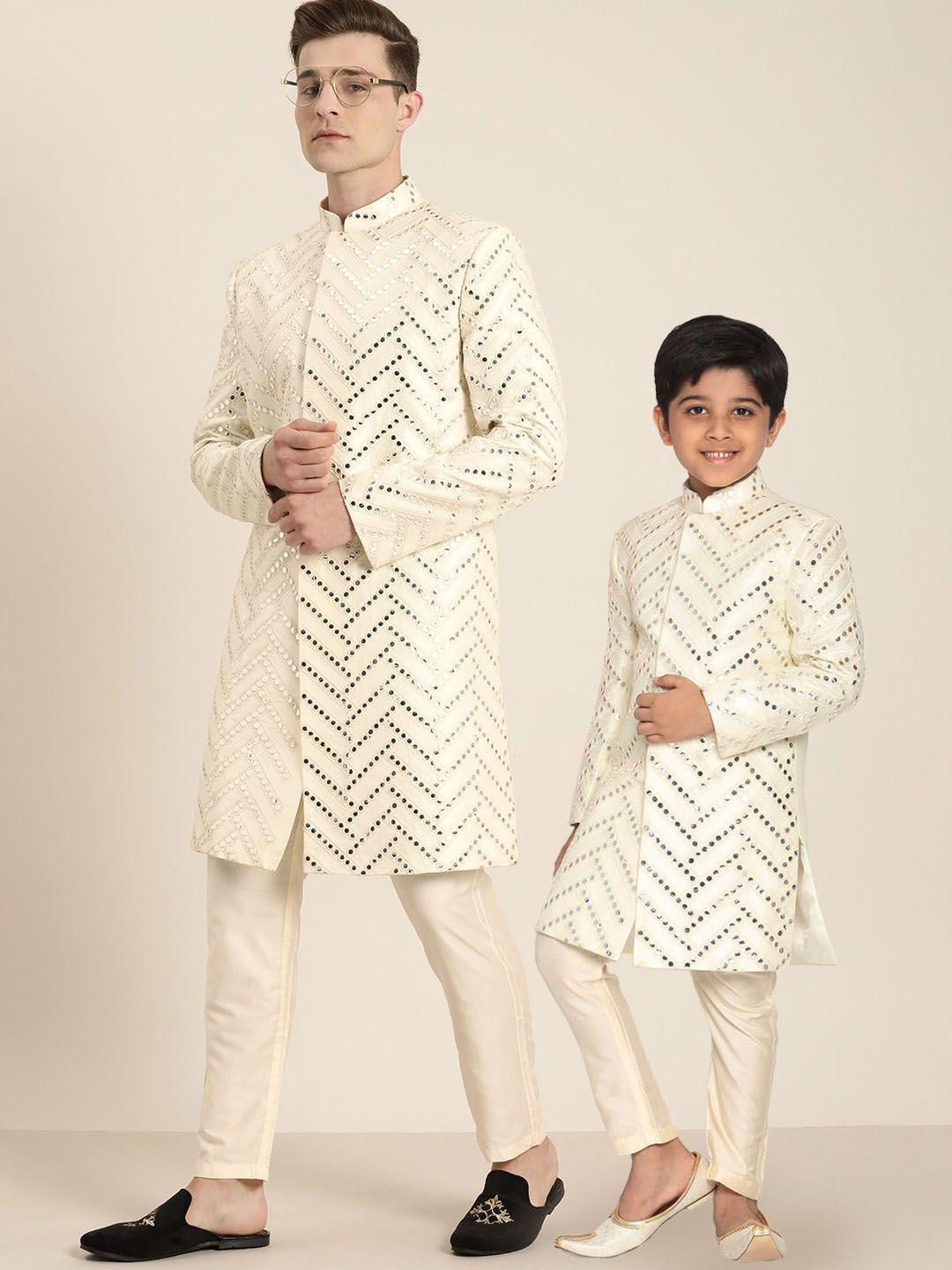 vastramay embroidered mandarin collar mirror work slim fit sherwani set