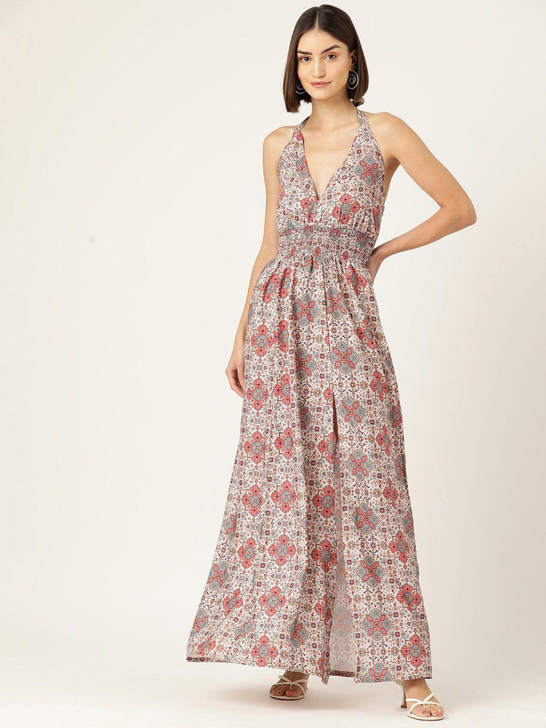 sleek italia ethnic motifs print halter neck smocked crepe maxi dress