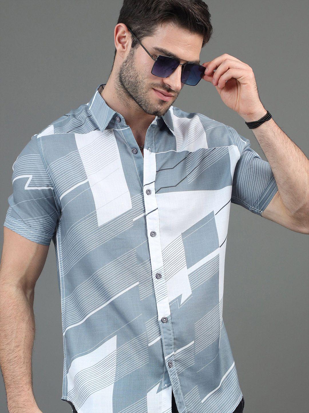 here&now grey & white slim fit striped casual shirt