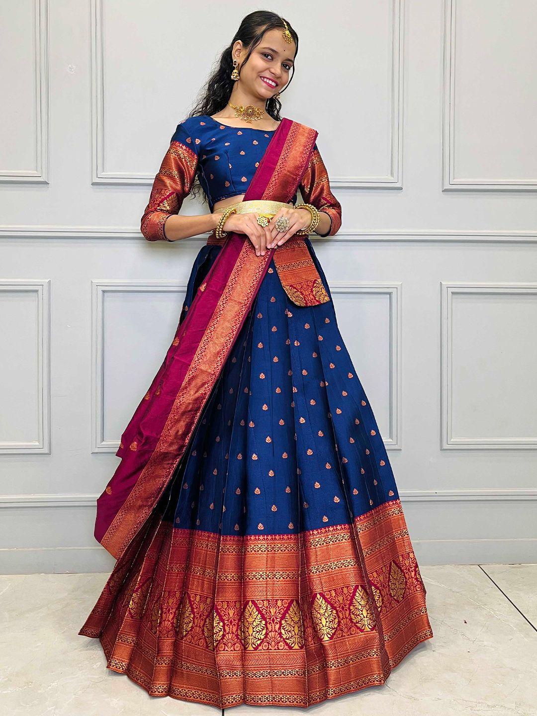 fabcartz navy blue semi-stitched lehenga & unstitched blouse with dupatta