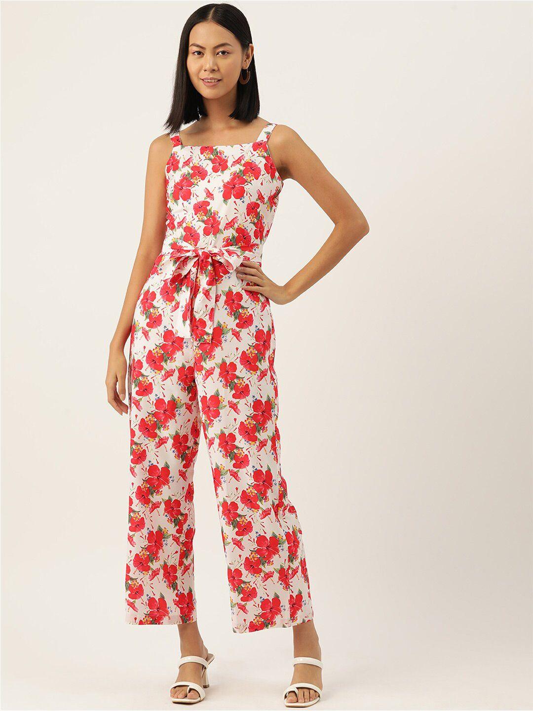 sirikit floral printed shoulder strap waist tie-ups basic jumpsuit