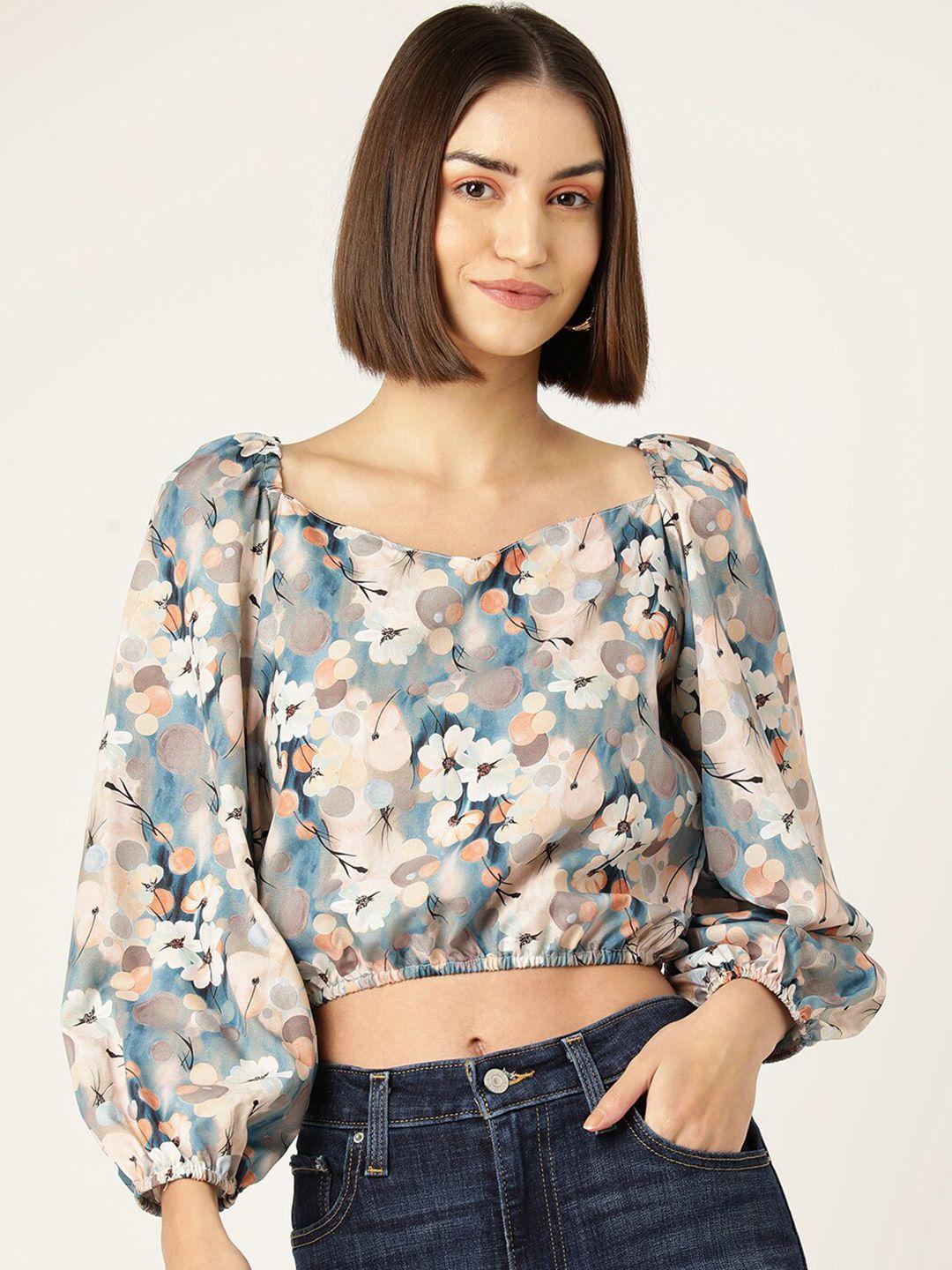 sirikit beige floral print crepe crop top