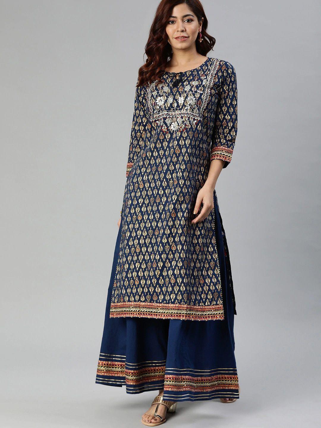 kalini ethnic motifs printed gotta patti detailed pure cotton straight kurta with trouser