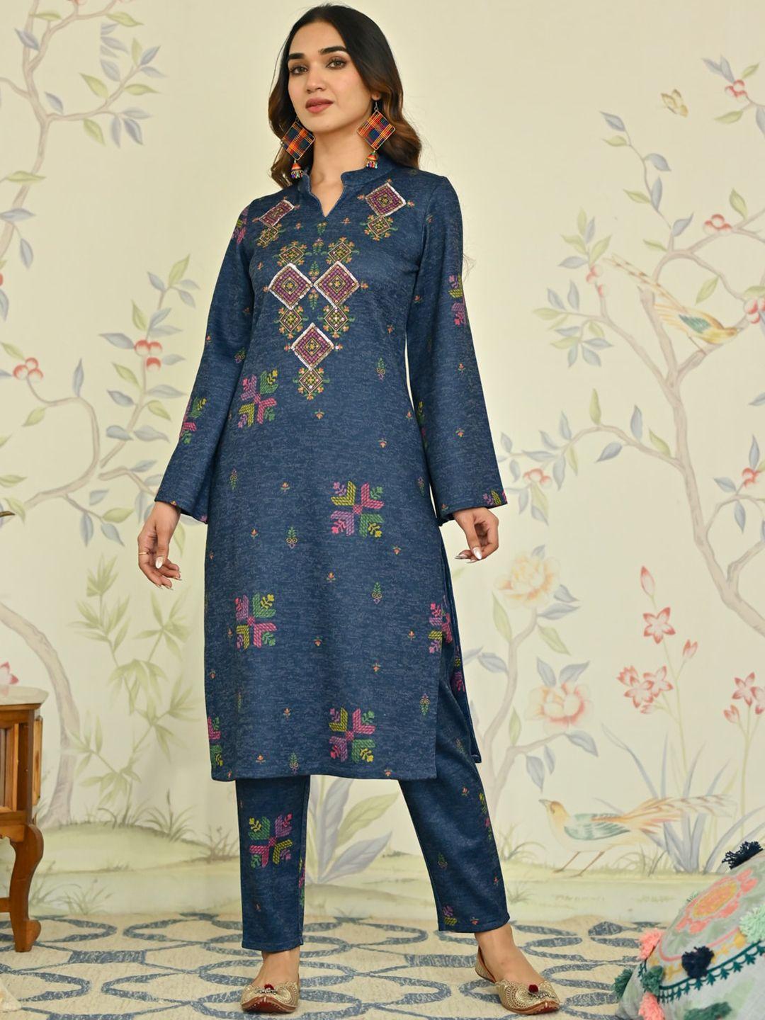 rustorange geometric printed mandarin collar sequinned straight kurta with trouser