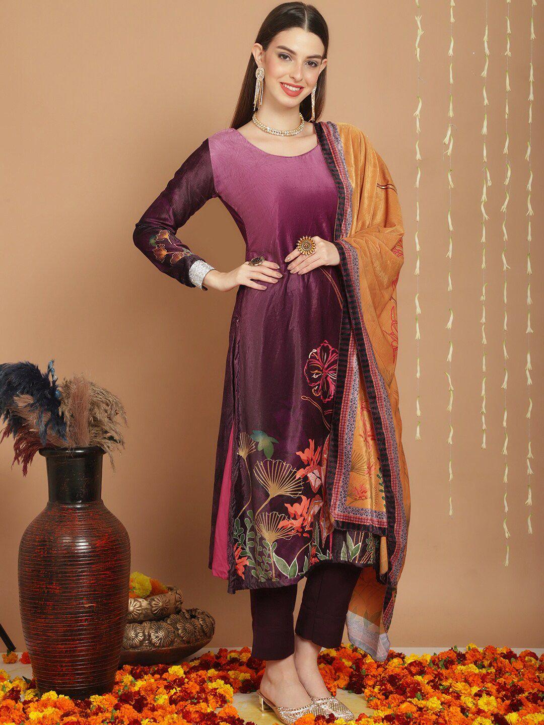 stylee lifestyle purple printed velvet unstitched dress material