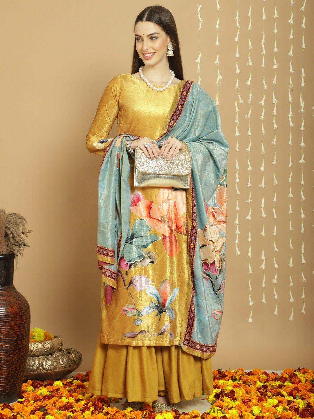 stylee lifestyle mustard printed velvet unstitched dress material