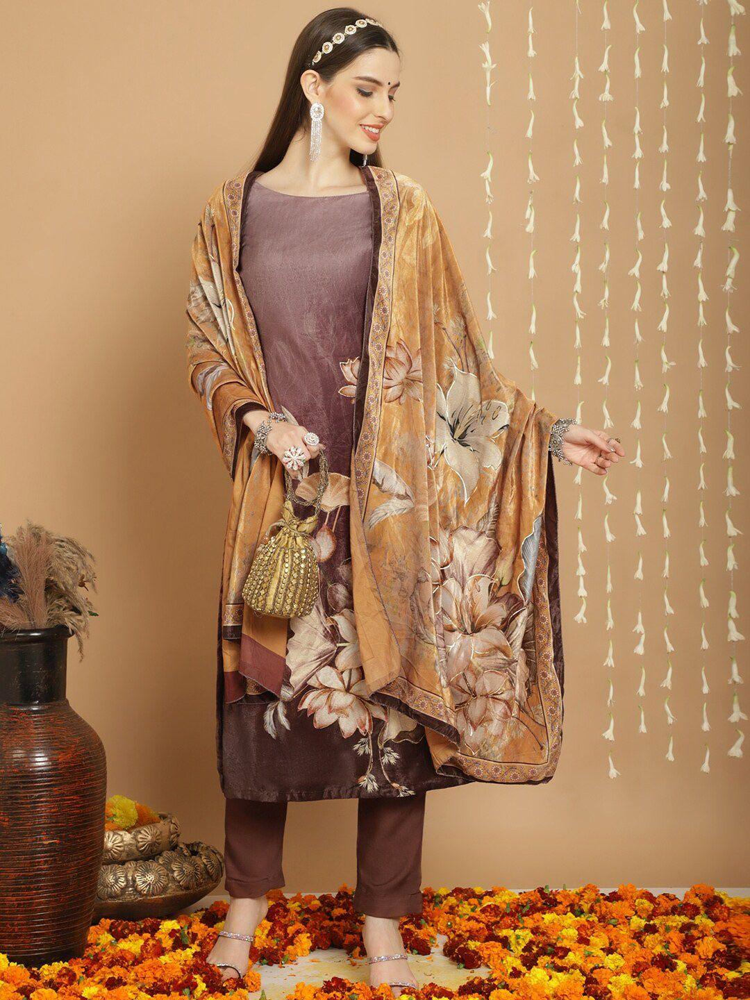 stylee lifestyle brown printed velvet unstitched dress material