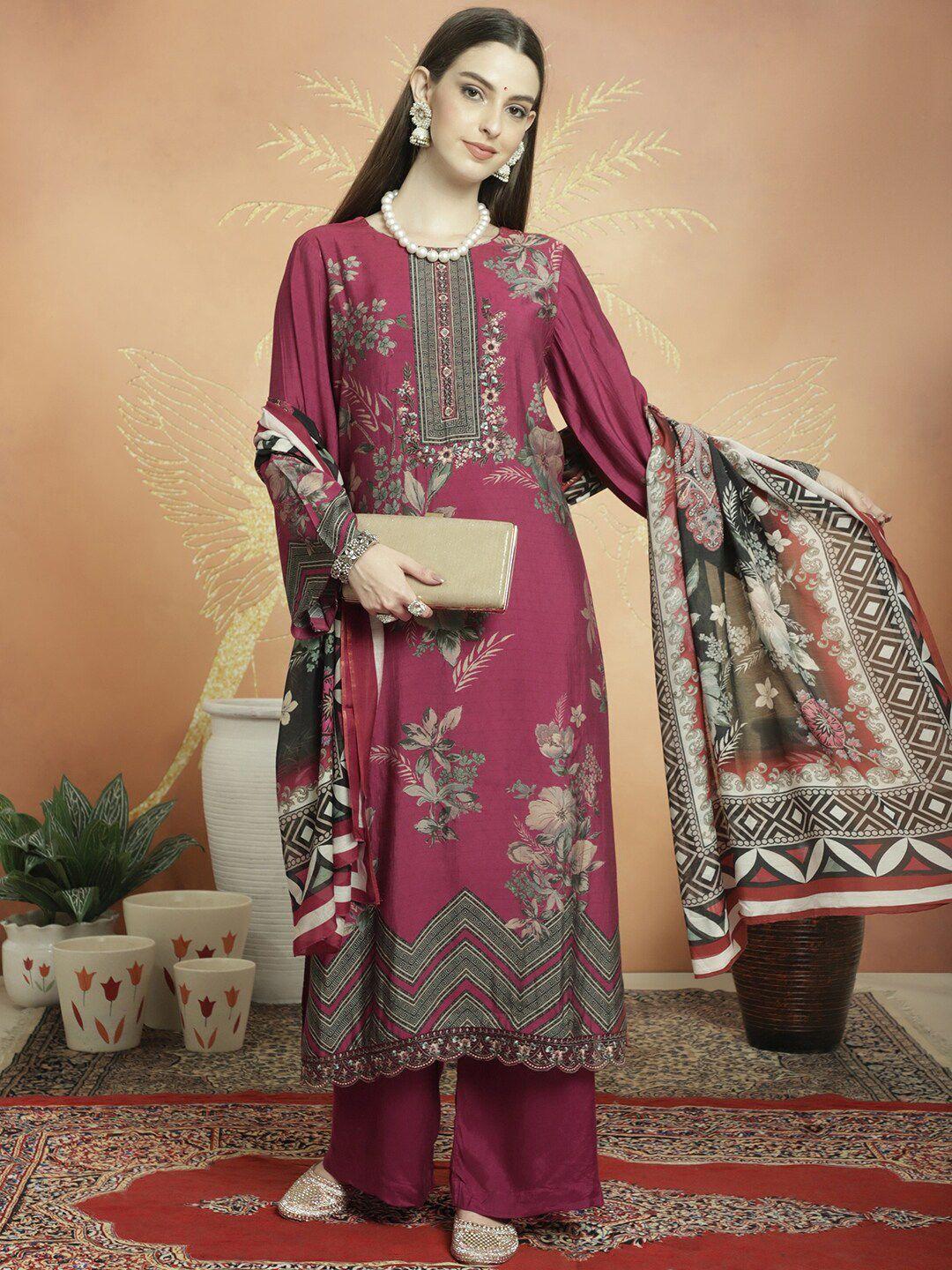 stylee lifestyle magenta printed pure silk unstitched dress material