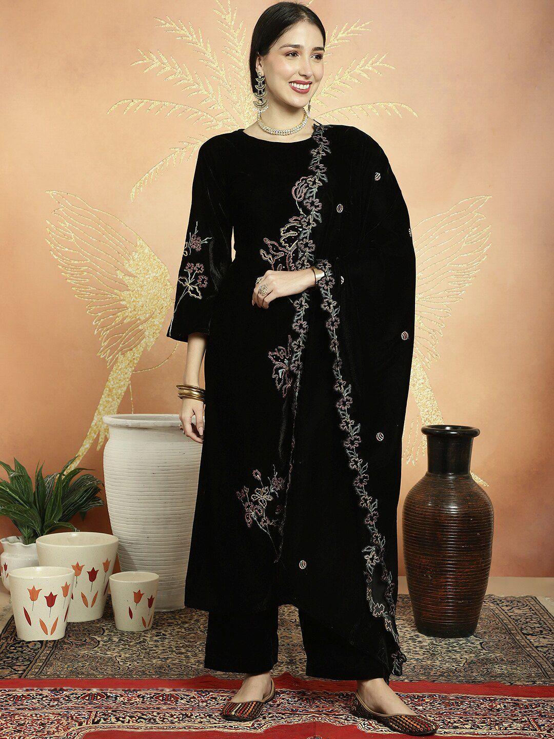 stylee lifestyle black embroidered velvet unstitched dress material