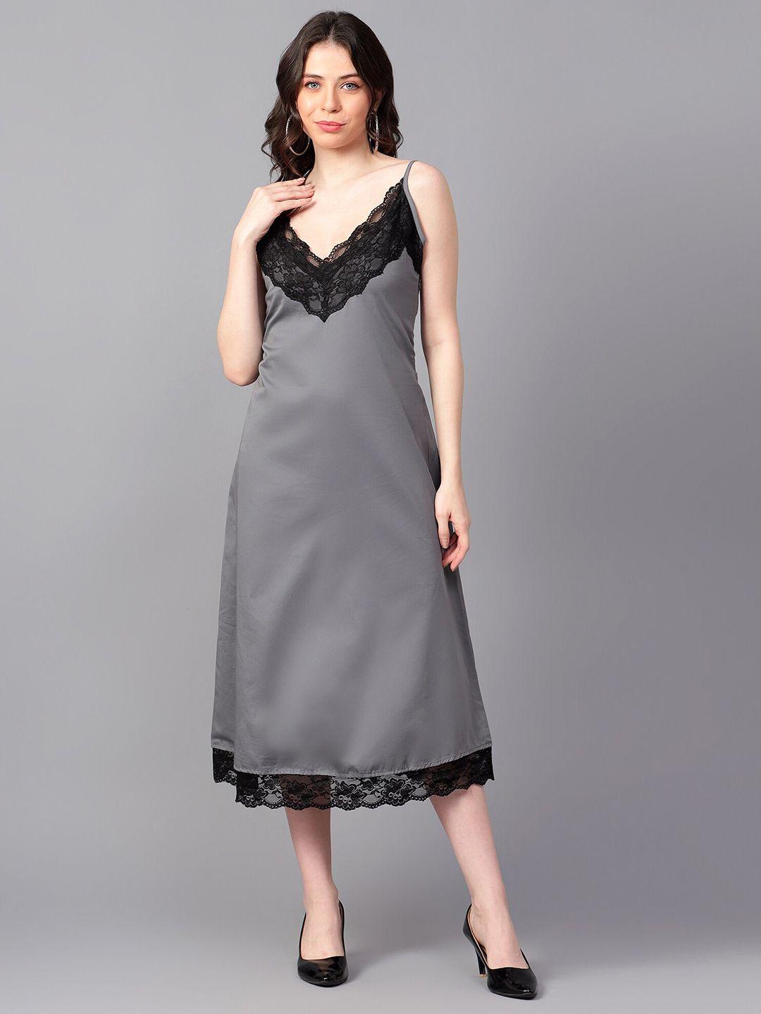 hencemade shoulder strap lace inserted satin a-line midi dress